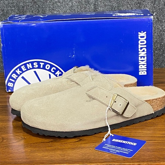 Birkenstock Shoes - Birkenstock Boston VL Shearling Taupe Suede Leather Clogs Size 38 US 7 Narrow